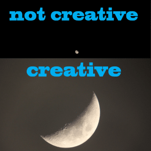 A moon from far away versus a moon close up. Showing the difference between creativity and not being creative.